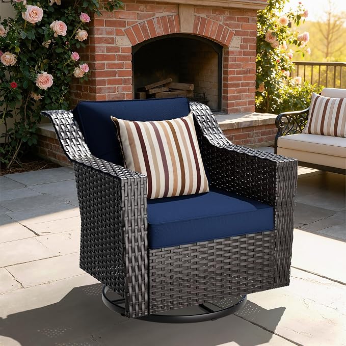 Outdoor Furniture Swivel Chair, Patio Glider Wicker Rocker Seating with Cushions for Porch Deck Balcony (Blue)