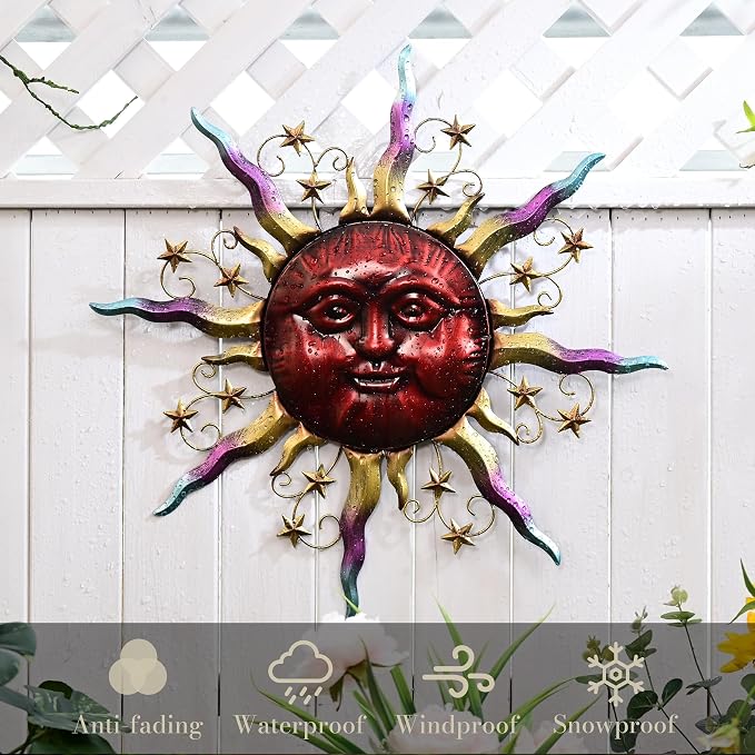 TERESA'S COLLECTIONS Outdoor Sun Metal Wall Art for Outdoor Decor,25" Red Sun Face 3D Wall Decor for Garden Decor,Rustic Retro Hanging Sculpture for Outside indoor Home Patio Farmhouse Gifts for Mom