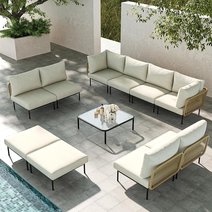 LayinSun 11 Pieces Aluminum Patio Furniture Set, Modern Modular Sectional Sofa with Coffee Table and Upgrade Thickness Cushion
