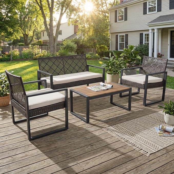OVENTA Outdoor Patio Furniture Set, 4 Piece Rattan Chairs with Coffe Table for Backyard, Balcony, Deck, Front Porch, Patio Conversation Seating Sets for Outside, Juego Muebles de Exterior(Brown)