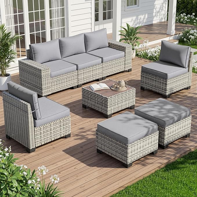 8-Piece Outdoor Patio Furniture Set Wicker Sectional Sofa Set with Ottomans, Patio Conversation Set with Thickened Cushions & Coffee Table for Garden, Backyard, Poolside, Grey