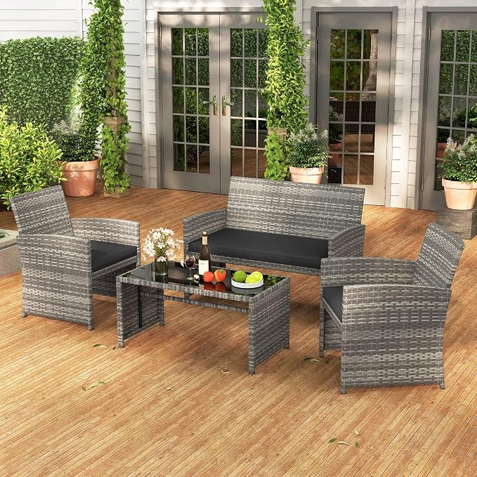 RELAX4LIFE 4-Piece Patio Furniture Set - Wicker Rattan Outdoor Sectional Sofa Set w/Glass Coffee Table, Loveseat, 2 Single Chairs & Soft Cushions, Bistro Conversation for Garden Porch (1, Black)