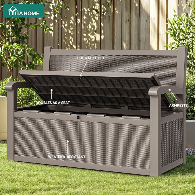 YITAHOME 80 Gallon Storage Bench Deck Box, Lockable Patio Bench, Waterproof Outdoor Pool Deck Storage for Patio Cushions, Garden Tools and Pool Supplies, Light Brown