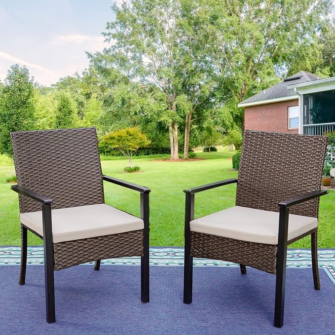 PHI VILLA Wicker Patio Dining Chairs Set of 2 with Removable Cushions | 2 Rattan dining chairs with thick removable seat cushions. Sturdy steel frame, easy assembly.