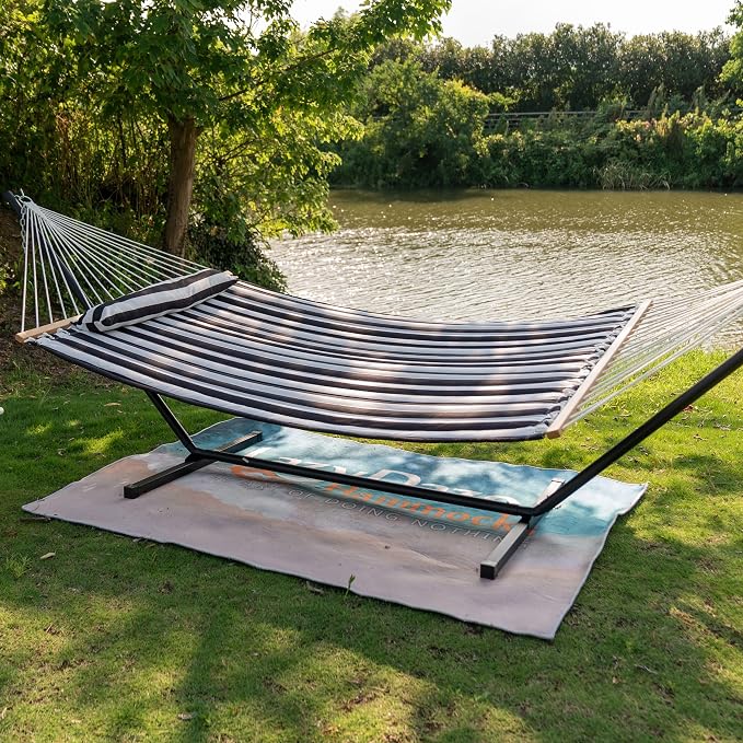 Lazy Daze Hammocks 10.5FT 2 Person Double Quilted Fabric Hammock with Spreader Bar, Detachable Pillow, Side Pocket, Carabiners, Chains, Straps for Outdoor, 450lbs Capacity, Black White Stripes