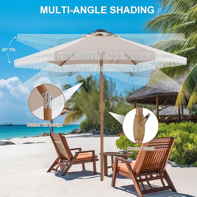 GDY 7.5ft Tassel Patio Umbrella and Matching Base, Outdoor Table Umbrella with 18 LED Lights,Market Umbrella with 6 Sturdy Ribs, with Push Button Tilt and Crank, Camel