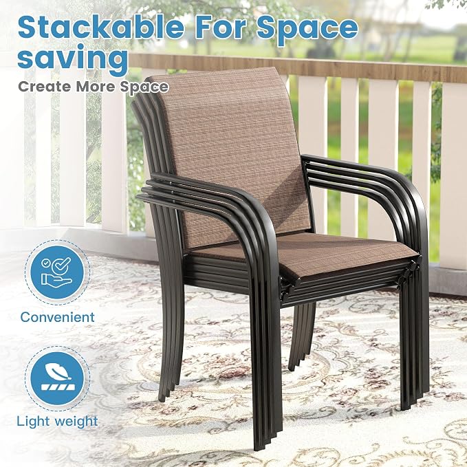 DIFY Outdoor Dining Set for 6, Patio Dining Furniture Set Includes 47.2" Black Round Table with Adjustable Umbrella Hole and 6 Brown Stackable Metal Chairs for Poolside, Garden, Backyard