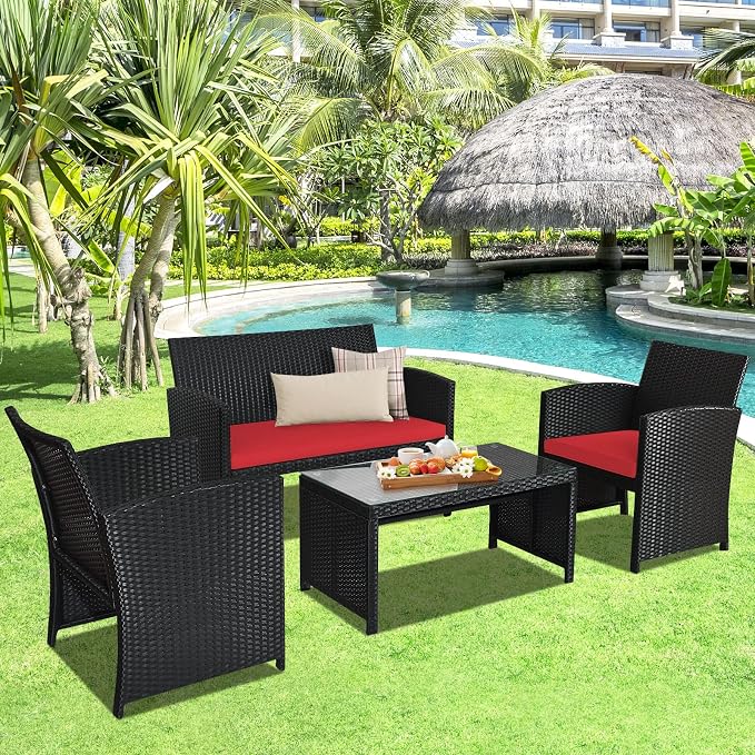 DORTALA 8 Pieces Patio Wicker Conversation Furniture Set, Outdoor Rattan Sofas with Bistro Sets with Coffee Table for Courtyard Balcony Wicker Chairs with Soft Cushion and Table, Red