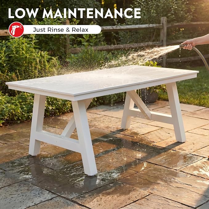 Costaelm Stinson 7-Piece Outdoor HDPE Patio Dining Table Set with Umbrella Hole & Dining Chairs for 6, White
