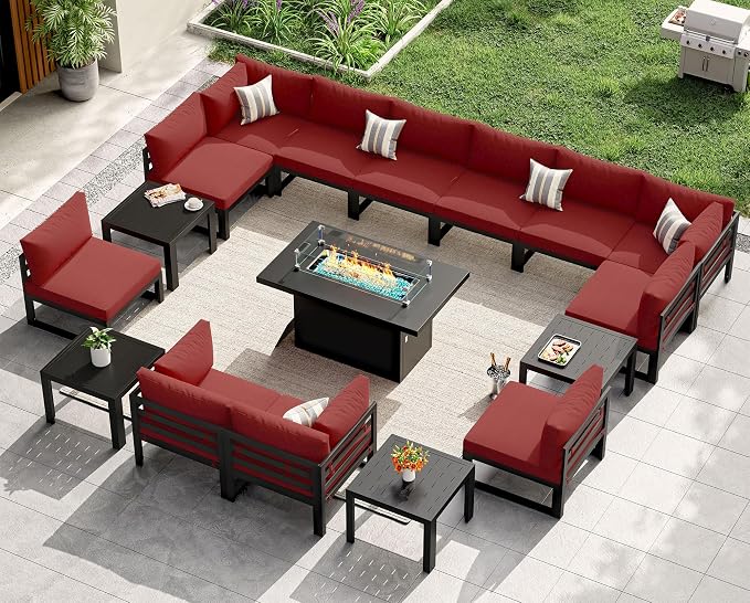 NICESOUL 17 Pcs Large Modern Aluminum Patio Furniture Set with Fire Pit Table Propane/Gas, L Shaped Modular Sectional Sofa with Side Table, All Weather Comfortable Outdoor Couch for Exterior, Burgundy
