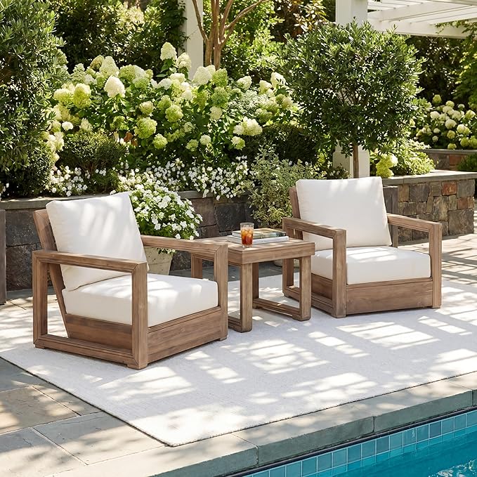 Christopher Knight Home 3-Piece Patio Swivel Chair Set with Side Table, Acacia Wood Outdoor Swivel Rocking Chairs with Cushions, Deep Seating Patio Chair & End Table for Porch Deck Garden, Brown+Beige
