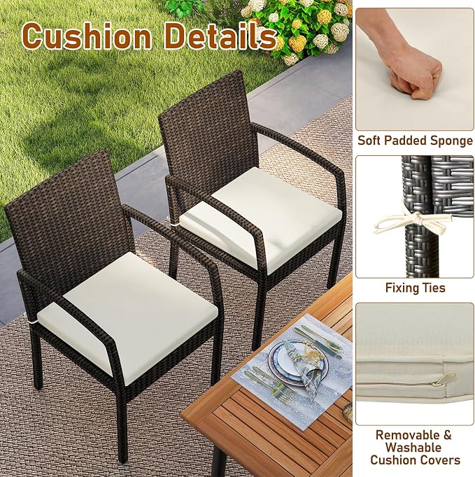 Tangkula 7 Pieces Outdoor Dining Set, Patio Acacia Wood Table and PE Rattan Chairs with Soft Cushions and 2” Umbrella Hole for Deck, Garden and Backyard