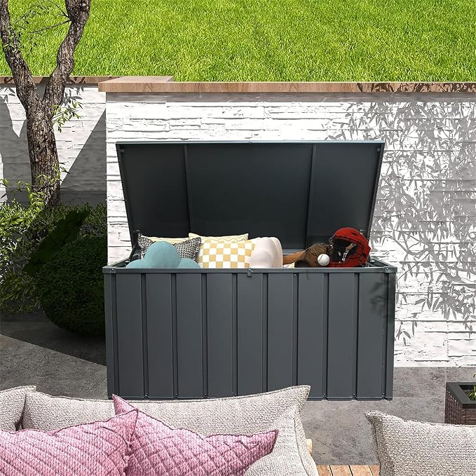 Redeer Outdoor Resin Deck Box, Waterproof Storage Box, Lockable for Patio Furniture, Garden Tools, Pool Accessories, UV-Resistant for All Weather Use (Dark Gray, 100, Gallons)