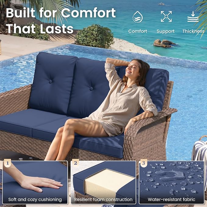 UDPATIO Patio Furniture Set with 44" Fire Pit Table, High Back 2 Swivel Rocker Chairs, Wicker Outdoor Conversation Sets with Thick Cushions & Ottoman, for Garden, Porch