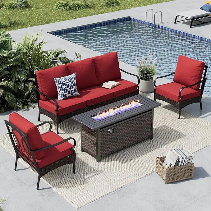 MFSTUDIO 4 Pieces Outdoor Patio Furniture Set, Metal Outdoor Conversation Set, Rattan Wicker Patio Sectional Set with 2 x Fixed Single Sofa, 3-Seat Sofa, 1 x Fire Pit Table, Red