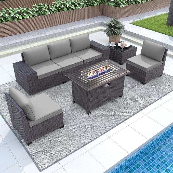 Gotland 7 Pieces Patio Furniture Set with 55000BTU Fire Pit Table, Wicker Patio Set with Wide Armrests 29.5'' High Backrest Thick Cushions 1 Coffee Table, Outdoor Furniture for Porch Deck Gray