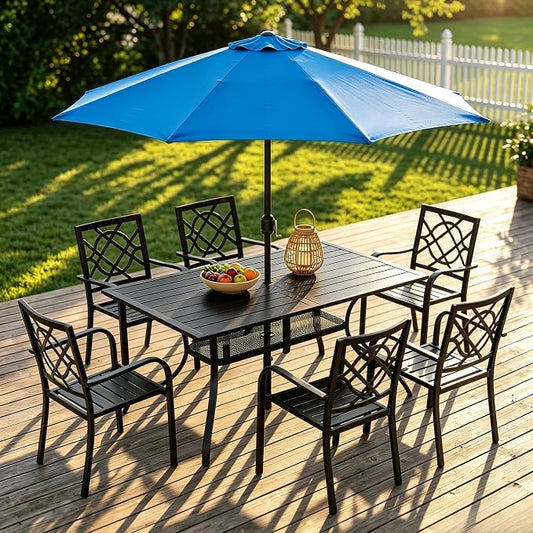 Crownland 7 Piece Outdoor Patio Metal Dining Sets, 6 Stackable Metal Chairs and Rectangular Outdoor Dining Table with with Sky Blue 9FT Round Outdoor Umbrella, for Backyard, Garden (Classic Black)