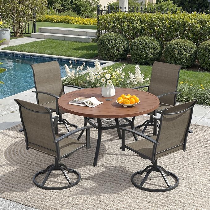 5 Pieces Outdoor Patio Dining Set, 40.6" All Weather Round Metal Table with Umbrella Hole and Storage Shelf, 4 High Back Textilene Swivel Chairs for Garden, Lawn, Walnut Table & Brown Chairs