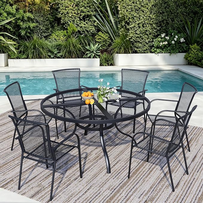 7 Pieces Outdoor Dining Set for 6, Black Metal Mesh Outdoor Dining Table and 6 Black Metal Mesh Stackable Patio Chairs with Armrest, Patio Table and Chairs Set for Lawn Garden Backyard