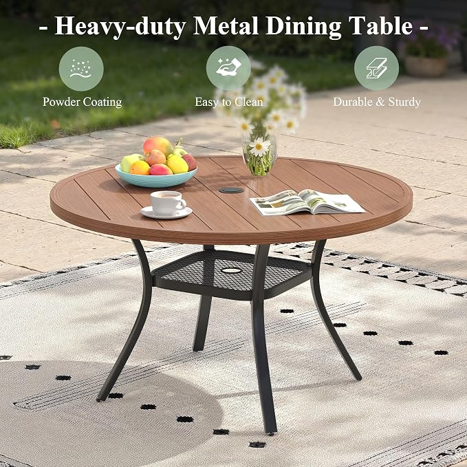 Round Patio Dining Set for 4, 40.6" Round Metal Table with Umbrella Hole and Stackable Wicker Patio Chairs, Outdoor Furniture Set for Deck Backyard Garden, Walnut Chairs, Walnut Table