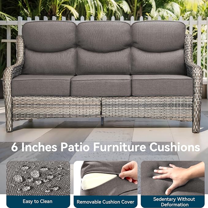 Luxury Outdoor Patio Furniture Set-Wicker High Backrest 3-Seat Patio Sofa with Comfy 6" Cushion, Rattan Couch with Deep Seat All-Weather Patio Conversation Set for Deck Backyard Garden(Grey/Grey)