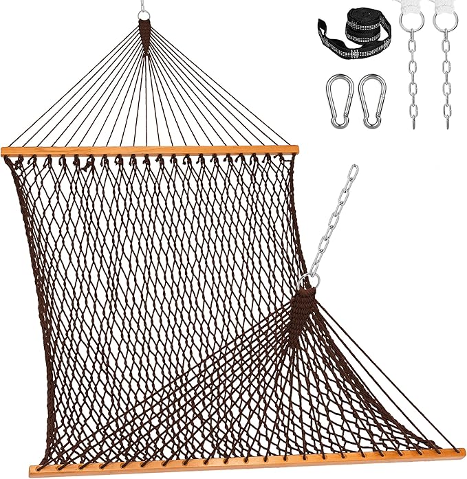 Lazy Daze Hammocks Double Rope Hammock, 2 Person Traditional Outdoor Hand Woven Cotton Rope Hammock with Spreader Bar, Carabiners, Tree Straps, Chains for Patio Yard - Max 450 Lbs, Dark Brown