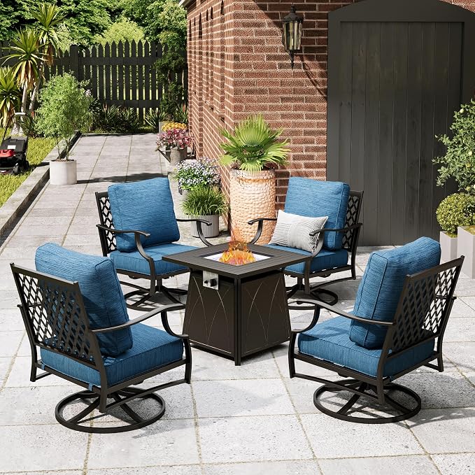 MIXPATIO Patio Furniture Set with Fire Pit Table, 5 Pcs Metal Outdoor Conversation Set, 4 Swivel Chairs with 5.75" Extra Thick Cushion and 28" Fire Pit Table for Backyard Deck, Green Blue