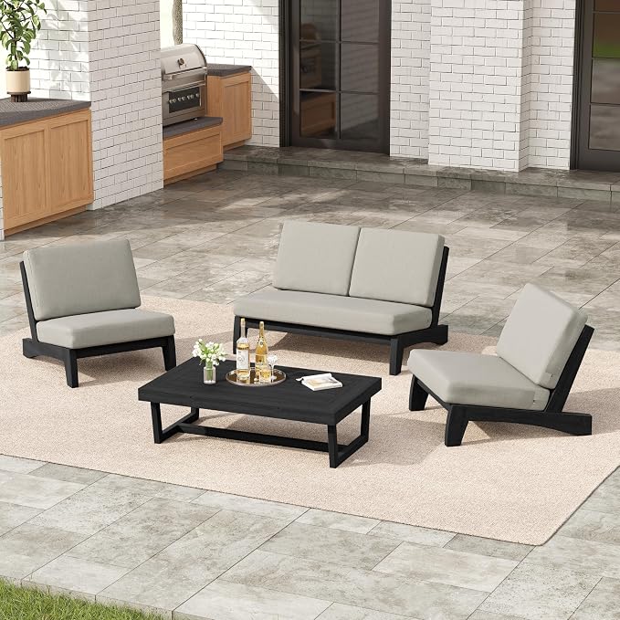 4 Pieces Patio Furniture Sets, All-Weather Outdoor Wood Bistro Set Patio Conversation Coffee Table Chiars and Patio Loveseat for Balcony, Backyard