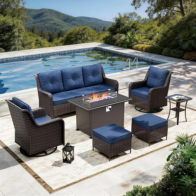 7-Piece Patio Furniture Set,Outdoor Conversation Sets w/Fire Pit Table&High Back Wicker Swivel Rocker Chairs,All-Weather Wicker Sectional Sofa for Deck,Yard and Poolside,Navy Blue