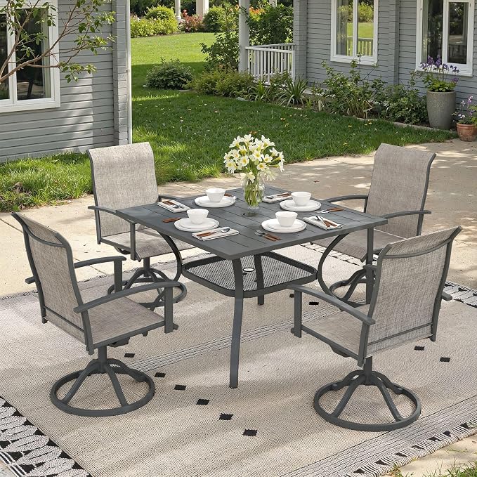 5 Pieces Patio Dining Set, Outdoor Furniture of 37.8" Square Patio Table and Patio Swivel Chairs for Backyard Lawn Garden, Dark Grey Table and Grey Chairs
