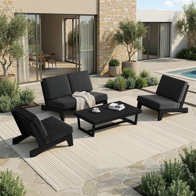 All Weather Patio Furniture Sets, 4 Pieces Black Wood Outdoor Sectional Futniture Patio Sofa Chair Backyard Conversation Set with Solid Wooden Coffee Table - Dark Gray