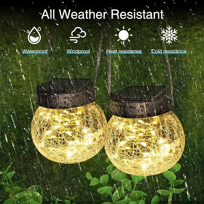 Kolpop 4 Pack Hanging Solar Lights for Outside, Cracked Glass Solar Lanterns Lights Outdoor Waterproof ,30 LED Hanging Globes Lights for Christmas Decoration, Shepherd Hook, Warm White