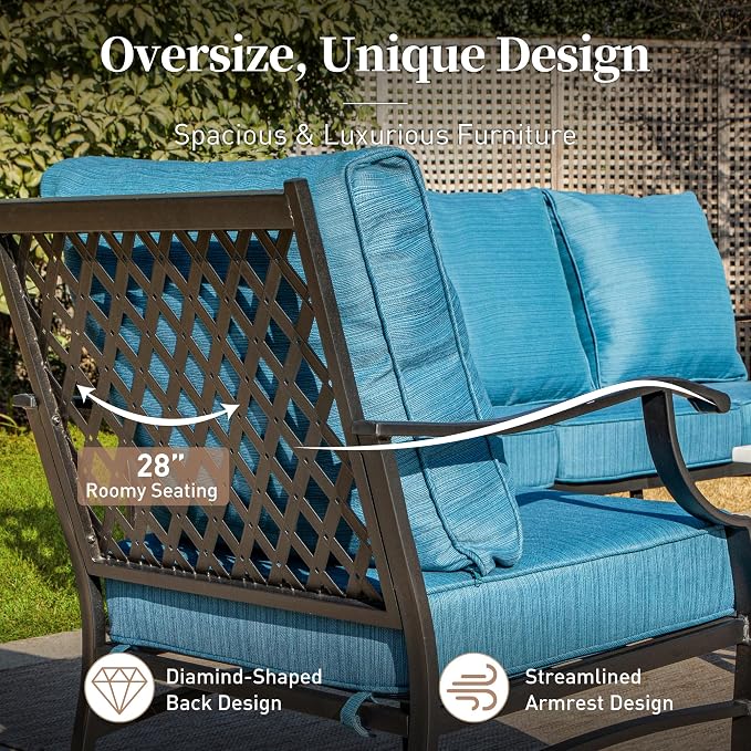 SUNSHINE VALLEY 7 Piece Metal Outdoor Patio Furniture Set, Patio Conversation Sets 3-seater Sofa, 4 Fixed Chair, 2 Ottomans with 5.75" Thick Cushion, Black All-weather Frame Backyard Furniture, Blue-2