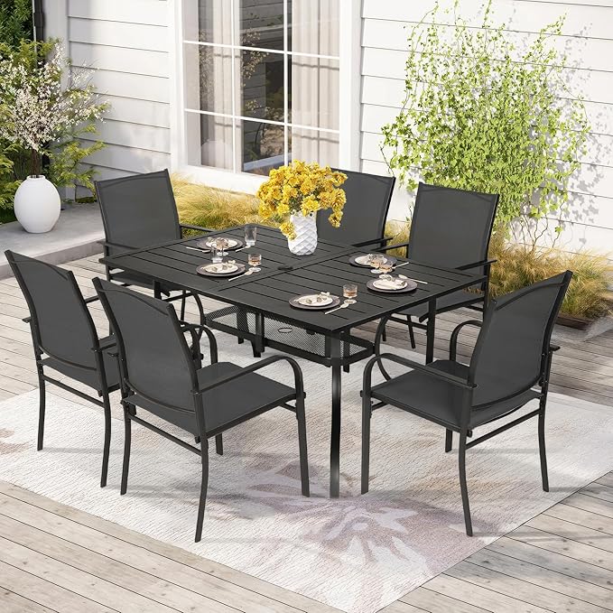 Crownland 7 Piece Patio Dining Set, Outdoor Textilene Dining Sets, 6 Textilene Metal Chairs and Rectangular Outdoor Dining Table with 1.57" Umbrella Hole,Black