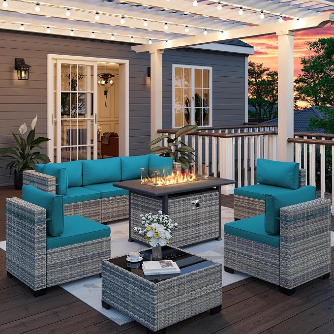 8-Piece Outdoor Patio Furniture Set with 55,000 BTU Fire Pit Table, PE Wicker Rattan Sectional Sofa Conversation Set - All-Weather Garden, Backyard Furniture, Turquoise