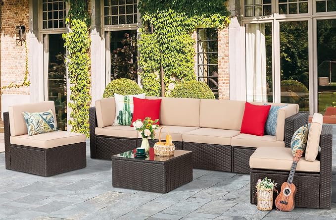 Vongrasig 7 Pieces Patio Furniture Sets, Outdoor Sectional Patio Sofa Set | All-Weather Patio Conversation Set PE Rattan Wicker Modular Couch with Coffee Table for Garden, Poolside, Backyard, Beige