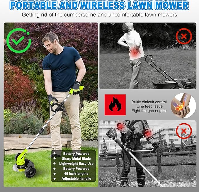 Aokia Electric Weed Wacker Cordless, 12V Battery Powered Weed Eater Cordless with Adjustable Pole (65inch), Lightweight Grass Trimmer Cutter/Mower with 2 Types Blade for Yard Lawn and Garden