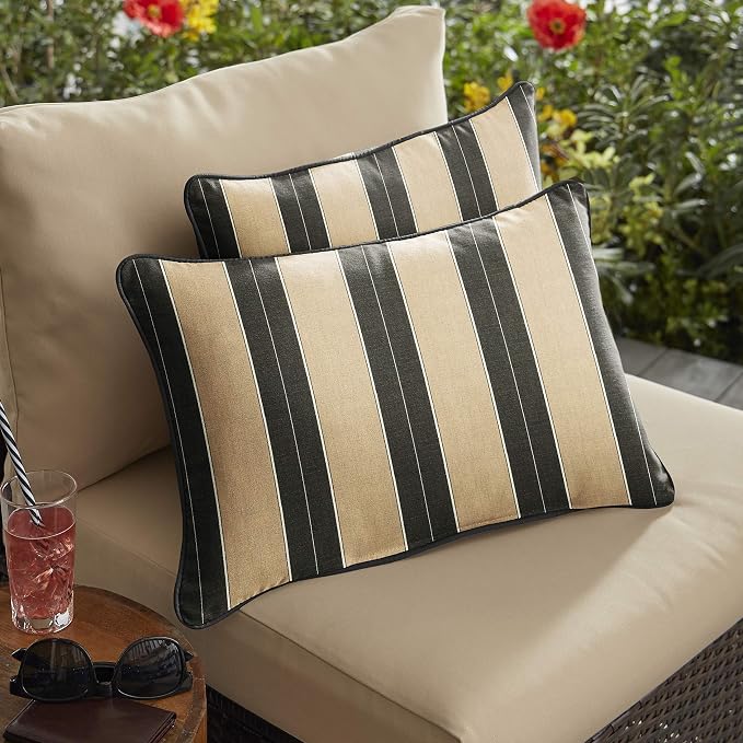 Sorra Home x Sunbrella - Lumbar Pillows (Set of 2), Tan & Black Stripes