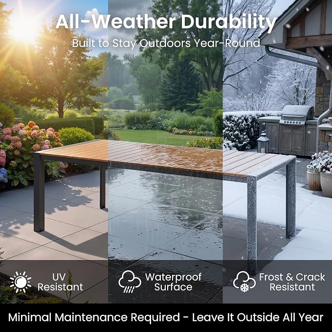 11-Piece Patio Dining Set,95in Aluminum Outdoor Table with 10 Chairs | Adjustable Reclining Back& Wood Grain Tabletop with Umbrella Hole for Garden Backyard Porch, Brown