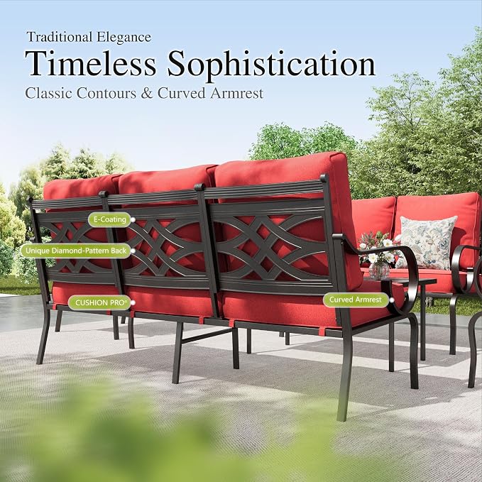 Sophia & William Patio Conversation Set for 4, 4 Rocking Chairs and a 28" Square Fire Pit Table, Metal Outdoor Furniture with 5.75" Extra Thick Cushions, Red