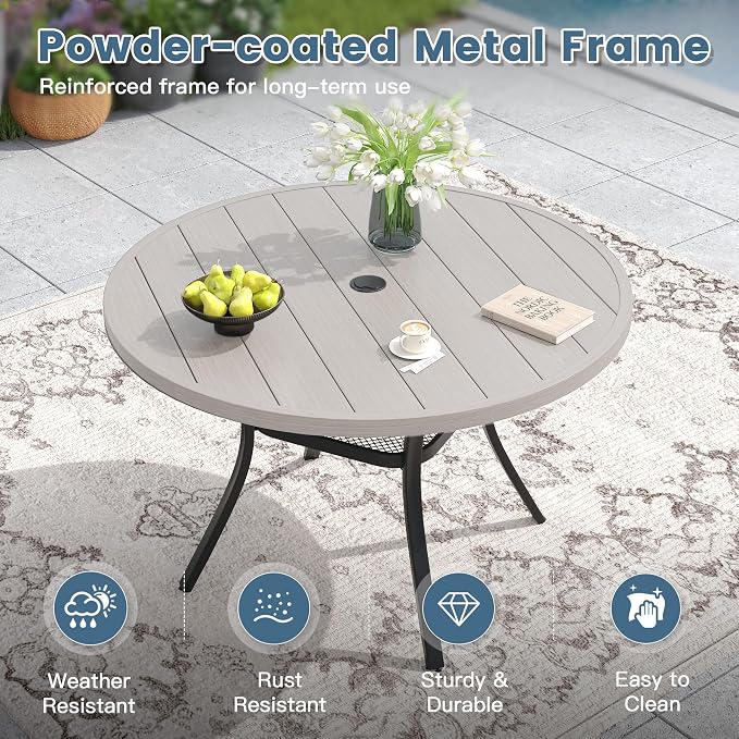 DIFY Outdoor Dining Set for 4, 5 Piece Patio Table and Chairs Set, Swivel Patio Chairs with Sandshell Textilene & 47.2" Grey Wood-Like Round Metal Dining Table with Umbrella Hole, for Garden Backyard