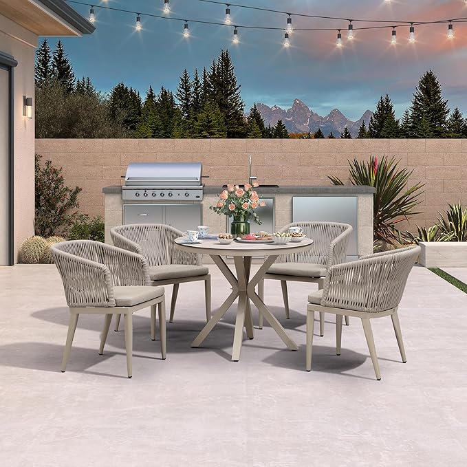 PURPLE LEAF 5 Pieces Patio Round Dining Set Aluminum Frame and Wicker Rattan Round Table and Arm Chairs with Cushions for Garden Porch Kitchen Modern Outdoor Champagne