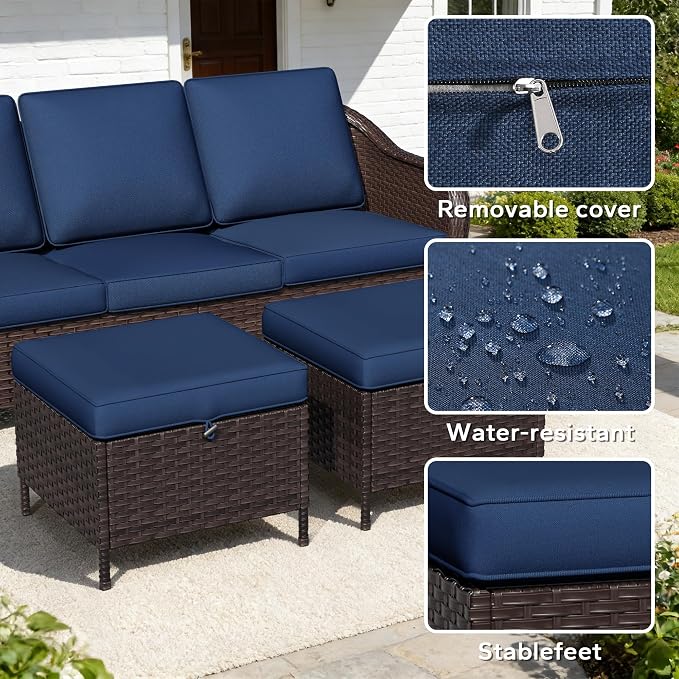 8 Piece Patio Wicker Conversation Set, All-Weather Use Outdoor Wicker Sofa with 2 PE Rattan Ottomans,4 Swivel Chair, 1 Side Table, Ideal for Porch, Backyard, Balcony, Poolside, Blue