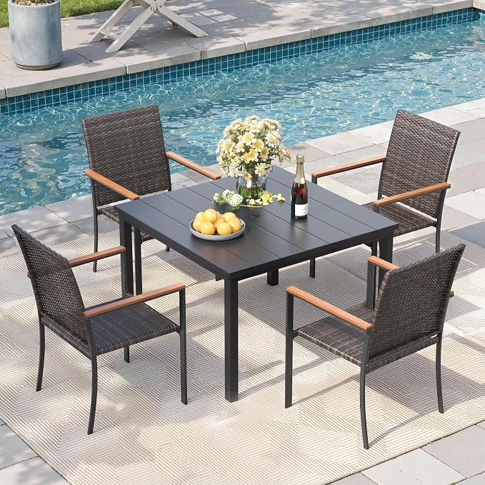 Patio Dining Set for 4, 40.2" Square Metal Table with Umbrella Hole and Stackable Wicker Patio Chairs, Outdoor Furniture Set for Deck Backyard Garden, Walnut Chairs, Black Table