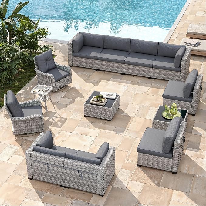 10-Seat Modern Patio Furniture Set with Swivel Rocking Chairs, Thick 4″ Cushions, Dual-Strand Wicker Rattan, Rust-Resistant Steel Frame – Outdoor Conversation & Modular Sectional,Black