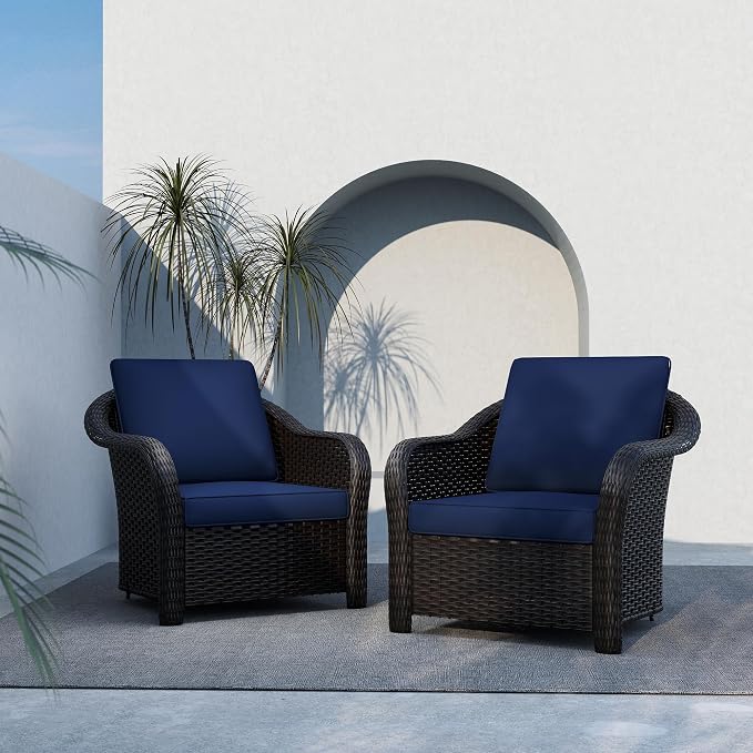 Patio PE Rattan Chairs Set of 2, All-Weather & Steel Frame Outdoor Conversation Furniture Set with Washable Cushions for Garden, Bistro, Deck, Yard (Navy Blue)