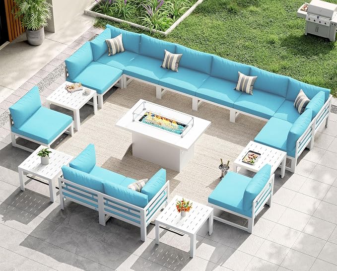NICESOUL 17 Piece Extra Large Aluminum Outdoor Furniture Set with Fire Pit Table Propane/Gas, Rust-Proof Luxury Patio Sectional with Coffee Table, Comfortable Conversation Sofa for Outside Yard, Teal