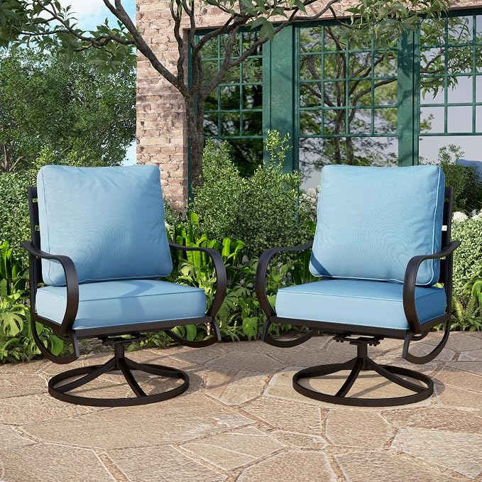 PHI VILLA Patio Furniture Chair Set for 2, Deluxe Outdoor Conversation Set with 2 Swivel Padded Sofa Chair, Full Metal with 5.8" Cushion for Deck, Lawn, Garden(Blue)