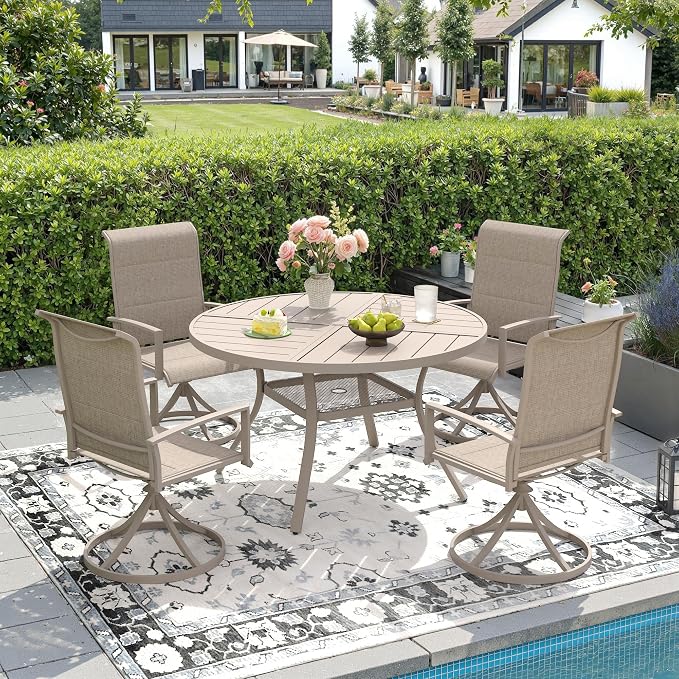 DIFY 5 Pieces Outdoor Patio Dining Set, 4 Sandshell Padded Textilene Swivel Dining Chairs and 40.6" Sandshell Round Metal Dining Table, Outdoor Table and Chairs for Poolside Backyard Deck
