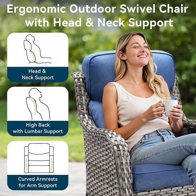 Luxury High Back Outdoor Furniture with 6-Inch Thick Cushions, Patio Furniture Set with Swivel Chairs, 5 PCS Wicker Conversation Set for Porch, Balcony, Deck and Yard